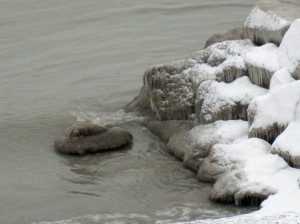 Icy piers and shoreline.